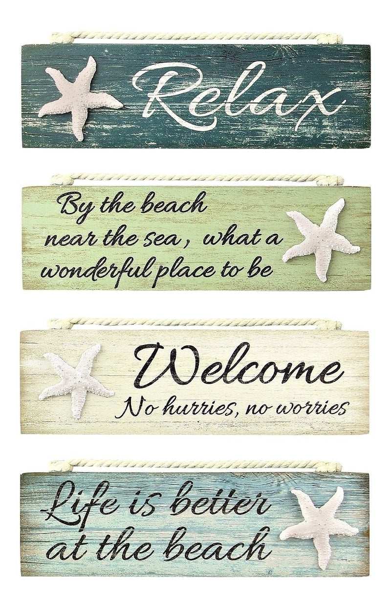 Young's Inc. Wood Nautical Block Signs - 8'' L x 2'' H - Beach Accessories - Wood Wall Art - Set of 4 - Image 1